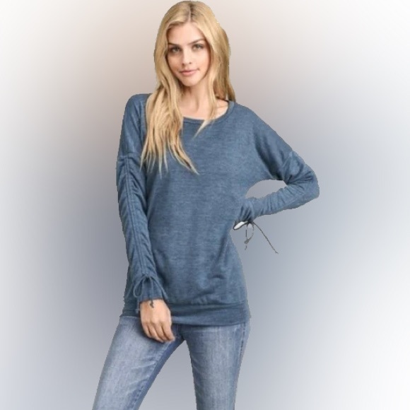 Ruched Lace Up Sleeve Knit Top - Picture 2 of 7